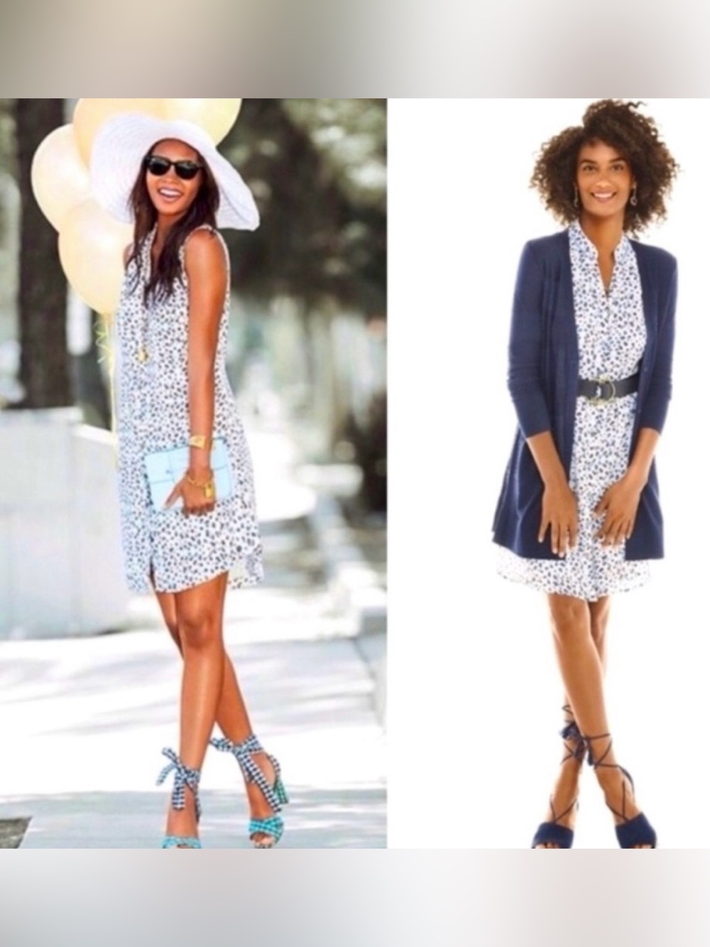 CAbi Camilla shirt dress White Dress with blue and brown  Spot Print